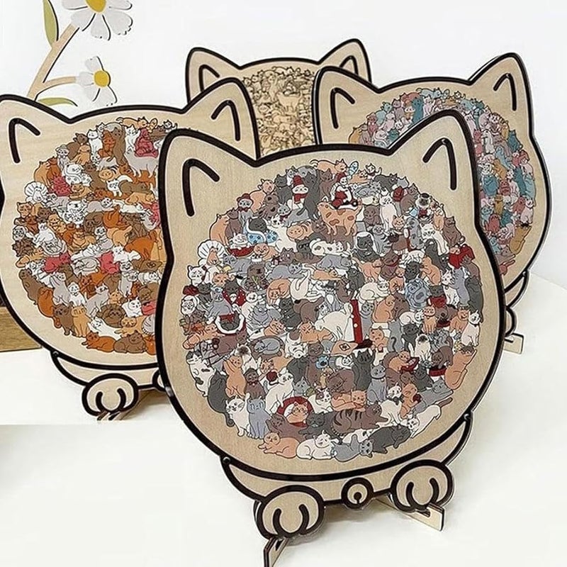 Brown 3 Color 135 Piece Cat Shaped Wooden Jigsaw Puzzle Creative Home Decor Gift - Image 4